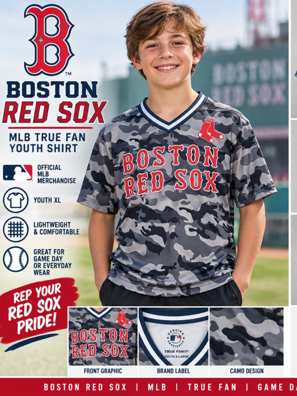 Boston Red Sox MLB True Fan Youth XL Camo Baseball Shirt
